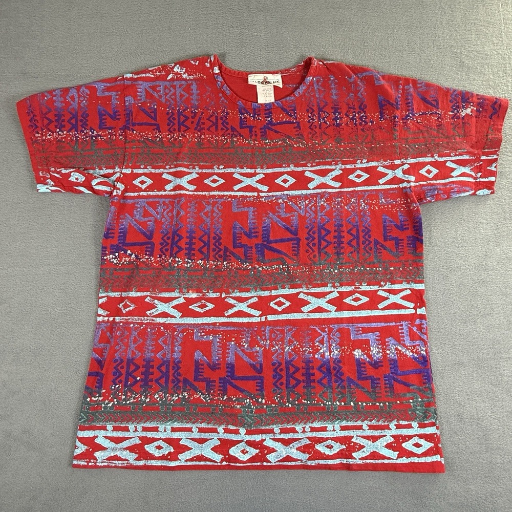 Vintage Marcy' N‎ Me Women's Short Sleeve T-Shirt Made in USA Red Geometric AOP